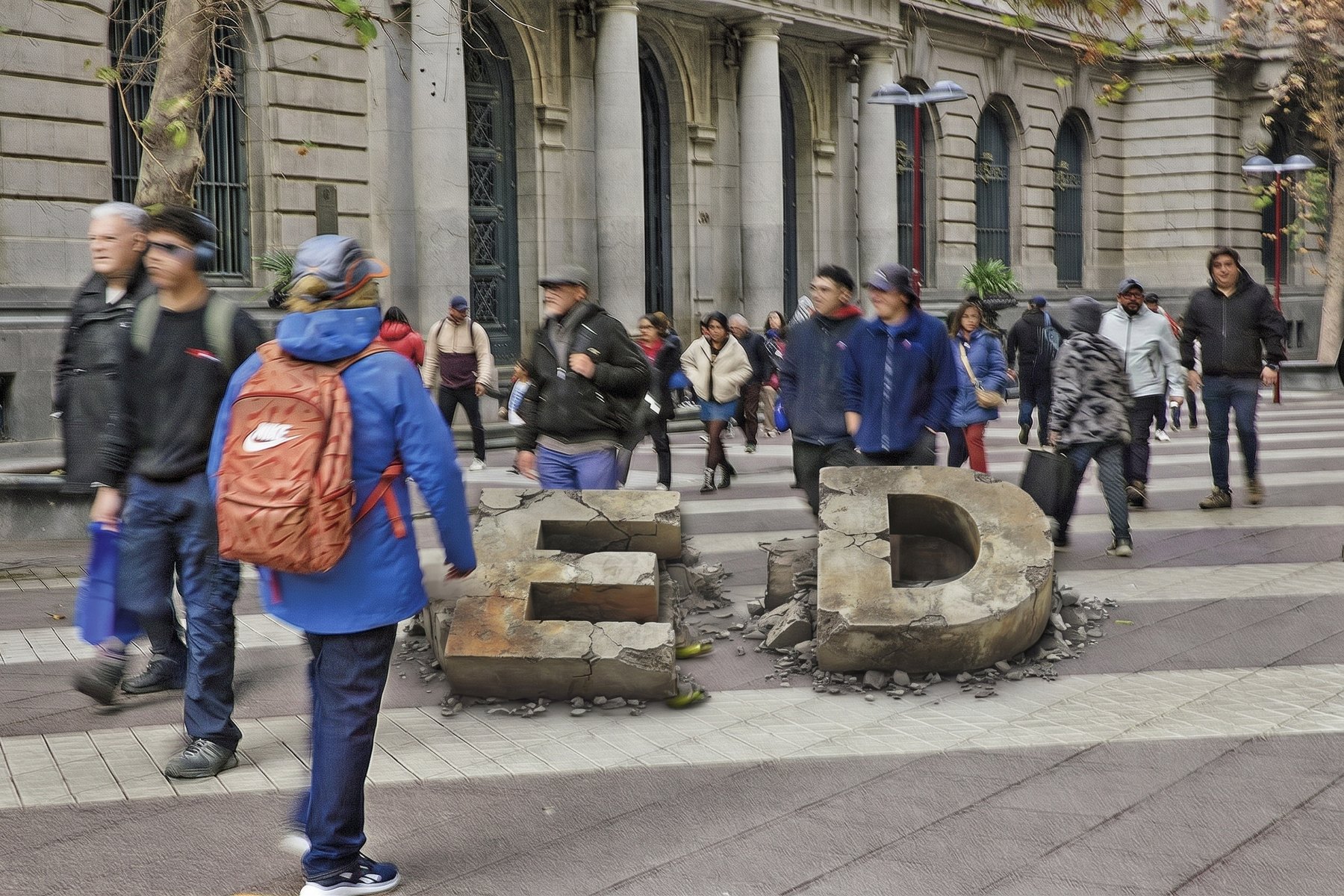 Ilustración: las letras E y D de los fondos de pensiones, de piedra y partidas en pedazos, en medio de una calle peatonal del centro por la que camina gente
